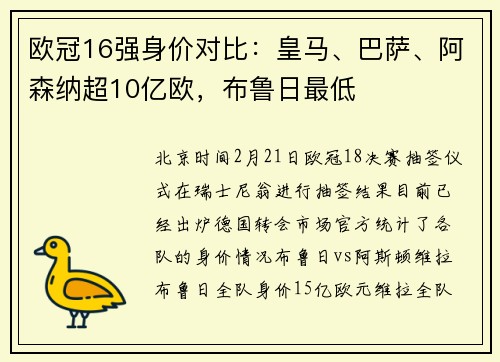 欧冠16强身价对比：皇马、巴萨、阿森纳超10亿欧，布鲁日最低